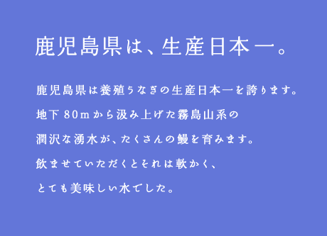 鹿児島県は、生産日本一。鹿児島県は養殖うなぎの生産日本一を誇ります。地下80mから汲み上げた霧島山系の潤沢な湧水が、たくさんの鰻を育みます。飲ませていただくとそれは軟かく、とても美味しい水でした。