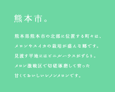 熊本市。熊本県熊本市の北部に位置する町々は、メロンやスイカの栽培が盛んな郷です。見渡す平地にはビニルハウスがずらり。メロン激戦区で切磋琢磨して育った甘くておいしいレノンメロンです。